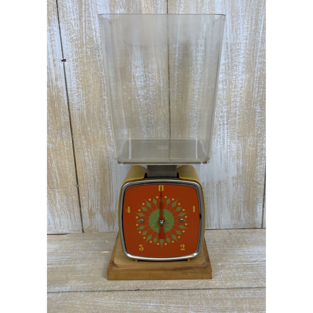 Vintage 1950's MCM Metal Borg Kitchen Scale Orange Avocado Gold W/Measuring Cup